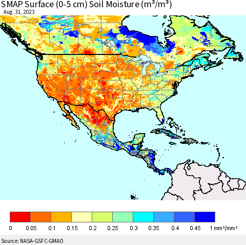 North America SMAP Surface (0-5 cm) Soil Moisture (m³/m³) Thematic Map For 8/26/2023 - 8/31/2023