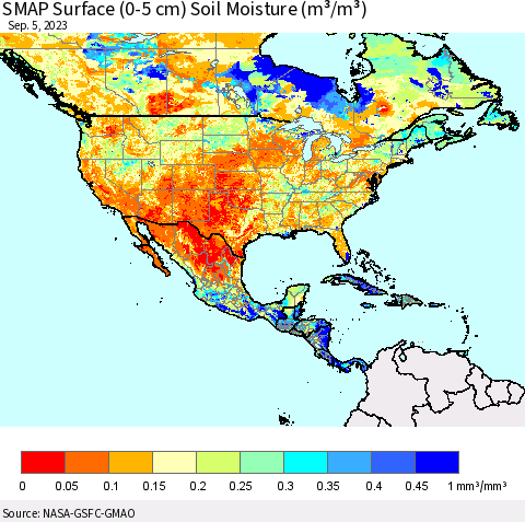 North America SMAP Surface (0-5 cm) Soil Moisture (m³/m³) Thematic Map For 9/1/2023 - 9/5/2023