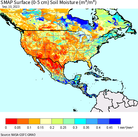 North America SMAP Surface (0-5 cm) Soil Moisture (m³/m³) Thematic Map For 9/6/2023 - 9/10/2023