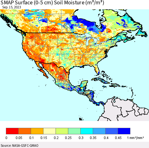 North America SMAP Surface (0-5 cm) Soil Moisture (m³/m³) Thematic Map For 9/11/2023 - 9/15/2023