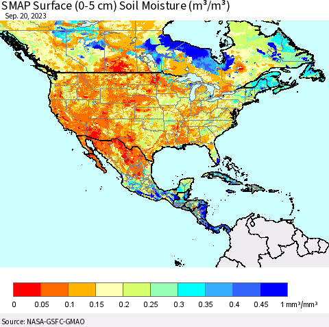 North America SMAP Surface (0-5 cm) Soil Moisture (m³/m³) Thematic Map For 9/16/2023 - 9/20/2023