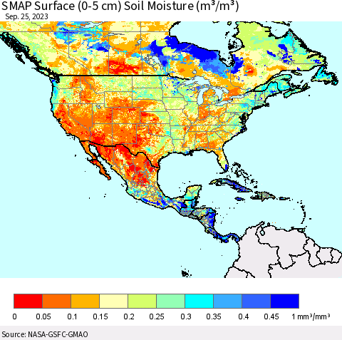 North America SMAP Surface (0-5 cm) Soil Moisture (m³/m³) Thematic Map For 9/21/2023 - 9/25/2023