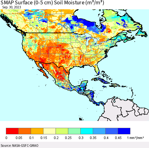 North America SMAP Surface (0-5 cm) Soil Moisture (m³/m³) Thematic Map For 9/26/2023 - 9/30/2023