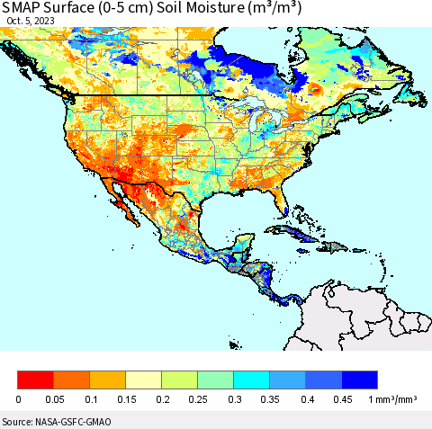North America SMAP Surface (0-5 cm) Soil Moisture (m³/m³) Thematic Map For 10/1/2023 - 10/5/2023