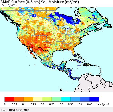 North America SMAP Surface (0-5 cm) Soil Moisture (m³/m³) Thematic Map For 10/6/2023 - 10/10/2023