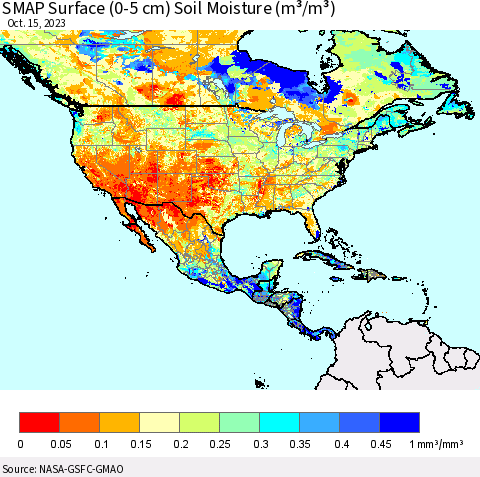 North America SMAP Surface (0-5 cm) Soil Moisture (m³/m³) Thematic Map For 10/11/2023 - 10/15/2023