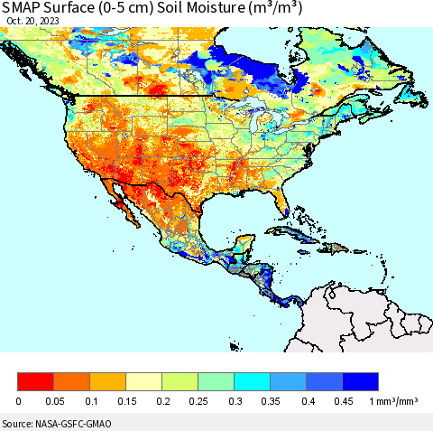 North America SMAP Surface (0-5 cm) Soil Moisture (m³/m³) Thematic Map For 10/16/2023 - 10/20/2023