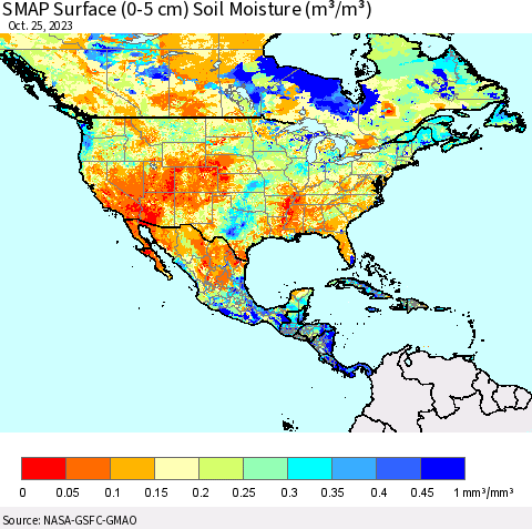 North America SMAP Surface (0-5 cm) Soil Moisture (m³/m³) Thematic Map For 10/21/2023 - 10/25/2023