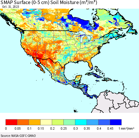 North America SMAP Surface (0-5 cm) Soil Moisture (m³/m³) Thematic Map For 10/26/2023 - 10/31/2023