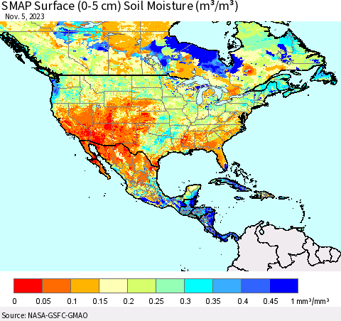 North America SMAP Surface (0-5 cm) Soil Moisture (m³/m³) Thematic Map For 11/1/2023 - 11/5/2023