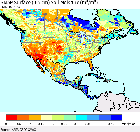 North America SMAP Surface (0-5 cm) Soil Moisture (m³/m³) Thematic Map For 11/6/2023 - 11/10/2023
