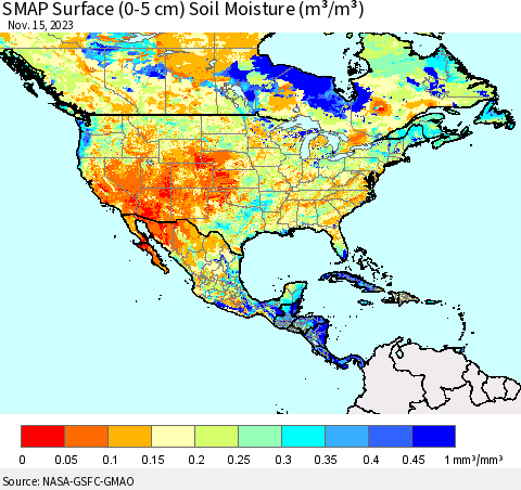 North America SMAP Surface (0-5 cm) Soil Moisture (m³/m³) Thematic Map For 11/11/2023 - 11/15/2023