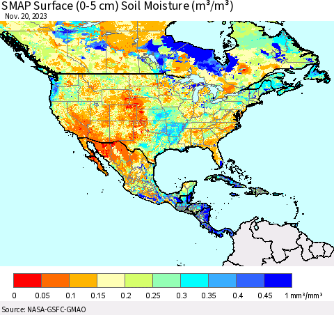 North America SMAP Surface (0-5 cm) Soil Moisture (m³/m³) Thematic Map For 11/16/2023 - 11/20/2023