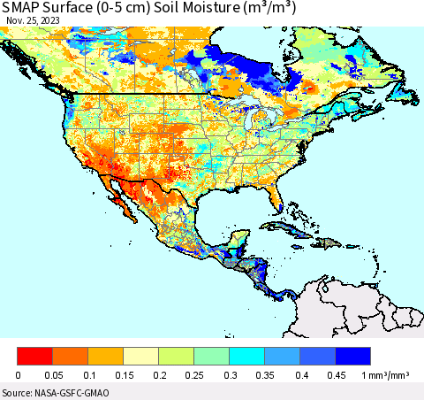 North America SMAP Surface (0-5 cm) Soil Moisture (m³/m³) Thematic Map For 11/21/2023 - 11/25/2023