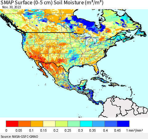 North America SMAP Surface (0-5 cm) Soil Moisture (m³/m³) Thematic Map For 11/26/2023 - 11/30/2023