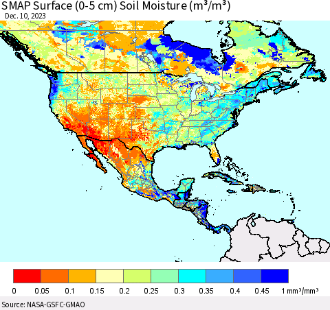 North America SMAP Surface (0-5 cm) Soil Moisture (m³/m³) Thematic Map For 12/6/2023 - 12/10/2023