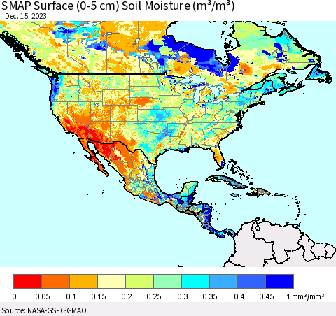 North America SMAP Surface (0-5 cm) Soil Moisture (m³/m³) Thematic Map For 12/11/2023 - 12/15/2023