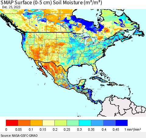 North America SMAP Surface (0-5 cm) Soil Moisture (m³/m³) Thematic Map For 12/21/2023 - 12/25/2023