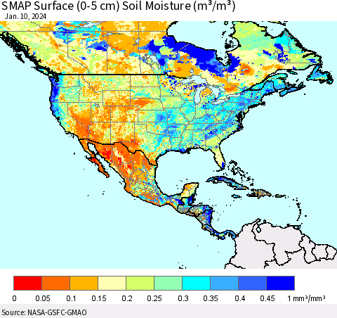 North America SMAP Surface (0-5 cm) Soil Moisture (m³/m³) Thematic Map For 1/6/2024 - 1/10/2024