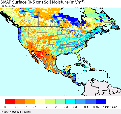 North America SMAP Surface (0-5 cm) Soil Moisture (m³/m³) Thematic Map For 1/11/2024 - 1/15/2024