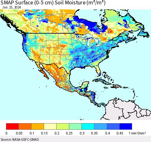 North America SMAP Surface (0-5 cm) Soil Moisture (m³/m³) Thematic Map For 1/21/2024 - 1/25/2024
