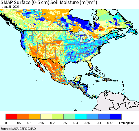 North America SMAP Surface (0-5 cm) Soil Moisture (m³/m³) Thematic Map For 1/26/2024 - 1/31/2024