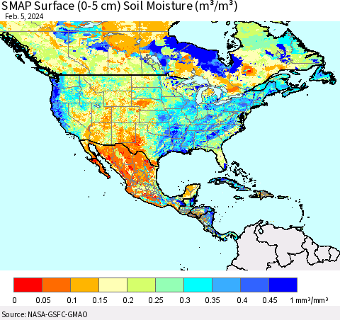 North America SMAP Surface (0-5 cm) Soil Moisture (m³/m³) Thematic Map For 2/1/2024 - 2/5/2024