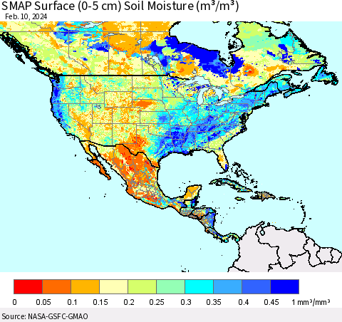 North America SMAP Surface (0-5 cm) Soil Moisture (m³/m³) Thematic Map For 2/6/2024 - 2/10/2024