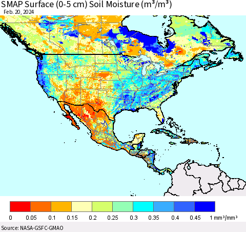 North America SMAP Surface (0-5 cm) Soil Moisture (m³/m³) Thematic Map For 2/16/2024 - 2/20/2024
