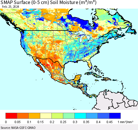 North America SMAP Surface (0-5 cm) Soil Moisture (m³/m³) Thematic Map For 2/21/2024 - 2/25/2024