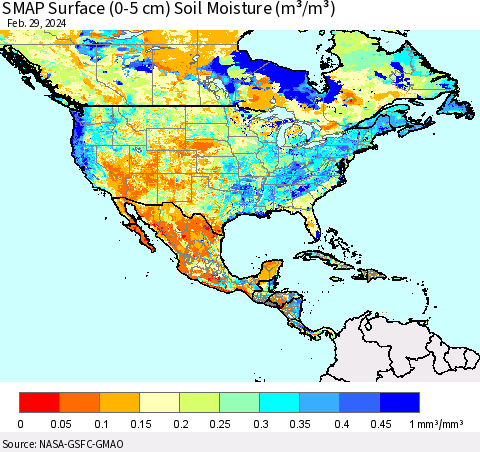 North America SMAP Surface (0-5 cm) Soil Moisture (m³/m³) Thematic Map For 2/26/2024 - 2/29/2024