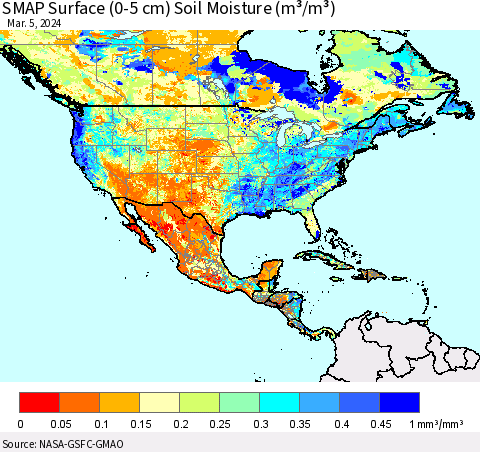 North America SMAP Surface (0-5 cm) Soil Moisture (m³/m³) Thematic Map For 3/1/2024 - 3/5/2024