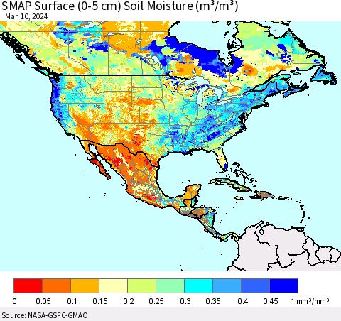 North America SMAP Surface (0-5 cm) Soil Moisture (m³/m³) Thematic Map For 3/6/2024 - 3/10/2024