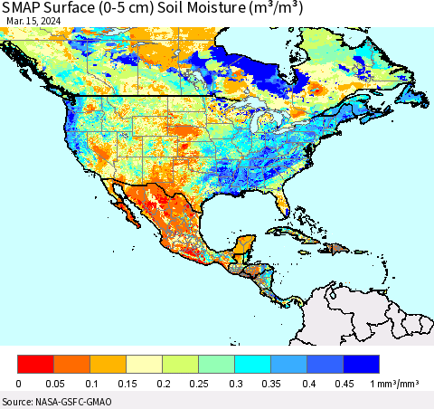 North America SMAP Surface (0-5 cm) Soil Moisture (m³/m³) Thematic Map For 3/11/2024 - 3/15/2024