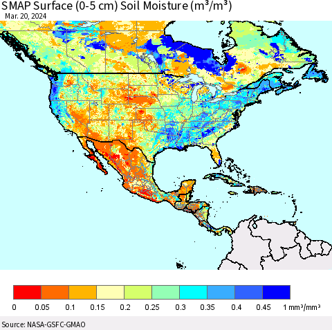 North America SMAP Surface (0-5 cm) Soil Moisture (m³/m³) Thematic Map For 3/16/2024 - 3/20/2024