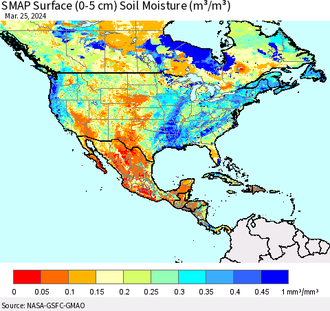 North America SMAP Surface (0-5 cm) Soil Moisture (m³/m³) Thematic Map For 3/21/2024 - 3/25/2024