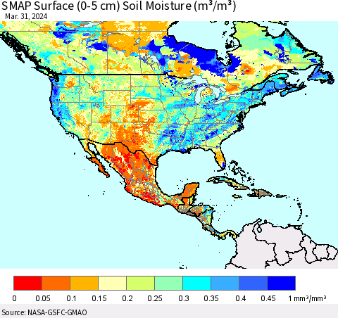 North America SMAP Surface (0-5 cm) Soil Moisture (m³/m³) Thematic Map For 3/26/2024 - 3/31/2024