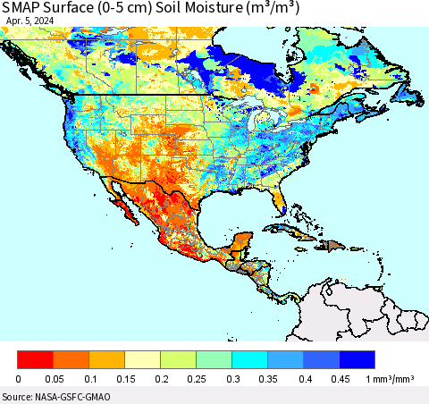 North America SMAP Surface (0-5 cm) Soil Moisture (m³/m³) Thematic Map For 4/1/2024 - 4/5/2024