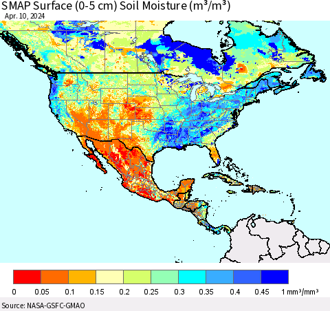 North America SMAP Surface (0-5 cm) Soil Moisture (m³/m³) Thematic Map For 4/6/2024 - 4/10/2024