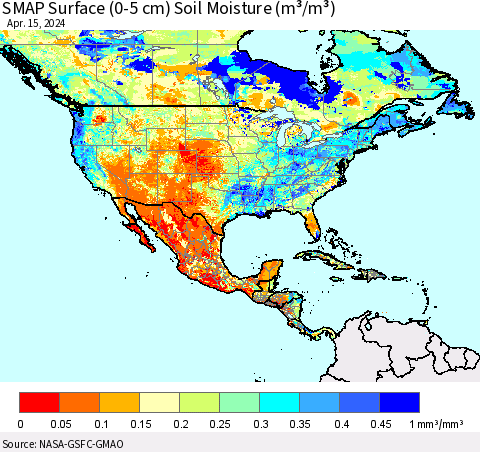 North America SMAP Surface (0-5 cm) Soil Moisture (m³/m³) Thematic Map For 4/11/2024 - 4/15/2024