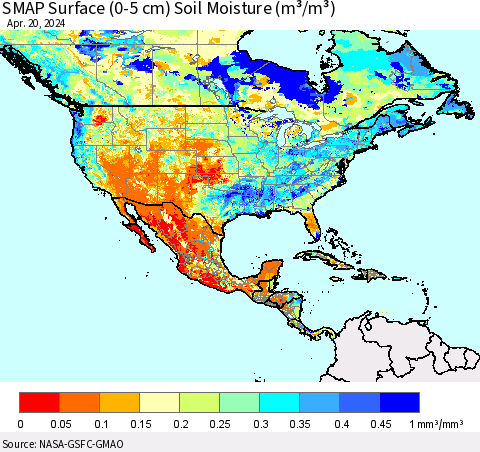 North America SMAP Surface (0-5 cm) Soil Moisture (m³/m³) Thematic Map For 4/16/2024 - 4/20/2024