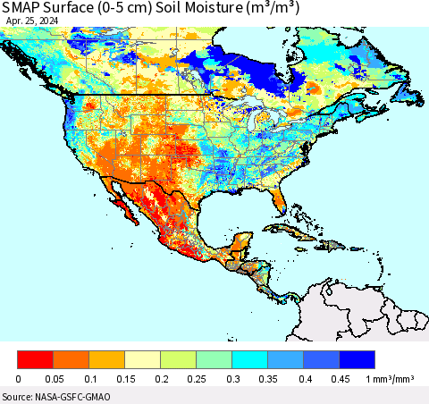 North America SMAP Surface (0-5 cm) Soil Moisture (m³/m³) Thematic Map For 4/21/2024 - 4/25/2024