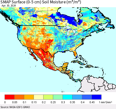 North America SMAP Surface (0-5 cm) Soil Moisture (m³/m³) Thematic Map For 4/26/2024 - 4/30/2024