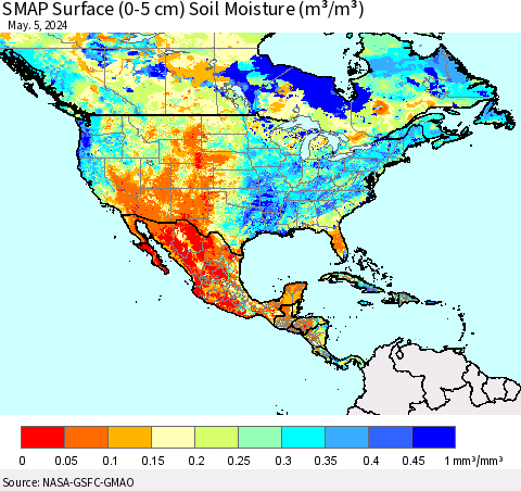 North America SMAP Surface (0-5 cm) Soil Moisture (m³/m³) Thematic Map For 5/1/2024 - 5/5/2024