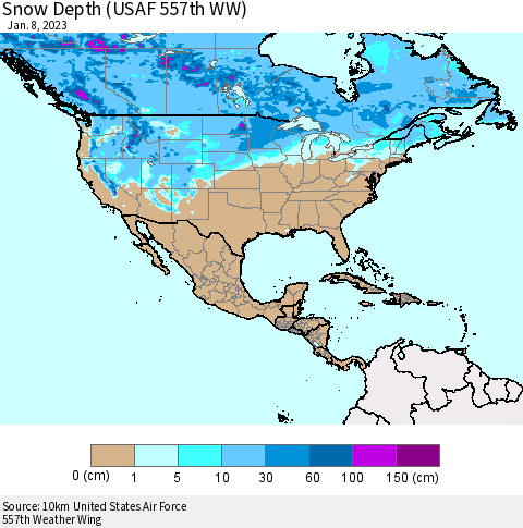 North America Snow Depth (USAF 557th WW) Thematic Map For 1/2/2023 - 1/8/2023