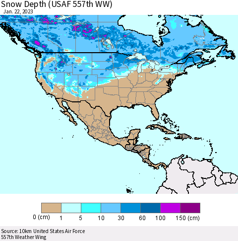 North America Snow Depth (USAF 557th WW) Thematic Map For 1/16/2023 - 1/22/2023