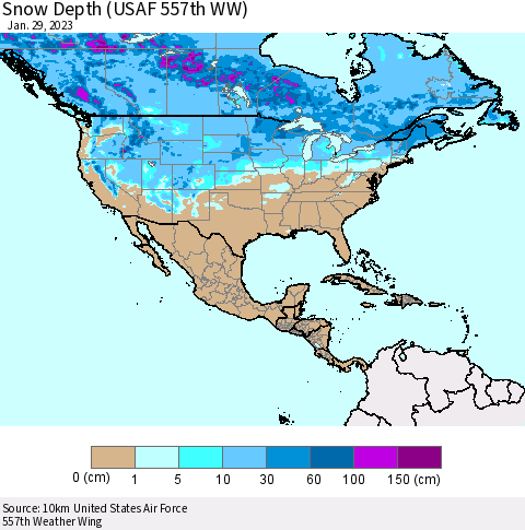 North America Snow Depth (USAF 557th WW) Thematic Map For 1/23/2023 - 1/29/2023