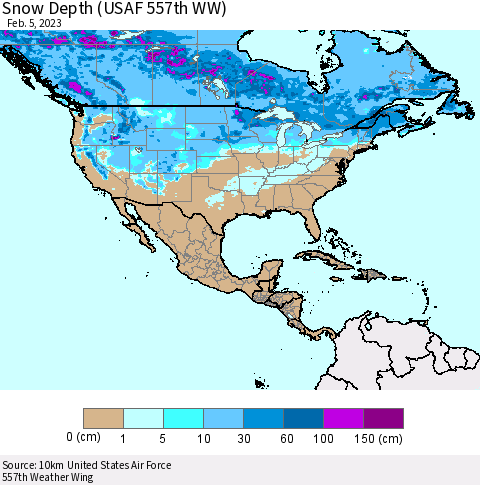 North America Snow Depth (USAF 557th WW) Thematic Map For 1/30/2023 - 2/5/2023