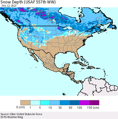 North America Snow Depth (USAF 557th WW) Thematic Map For 2/6/2023 - 2/12/2023
