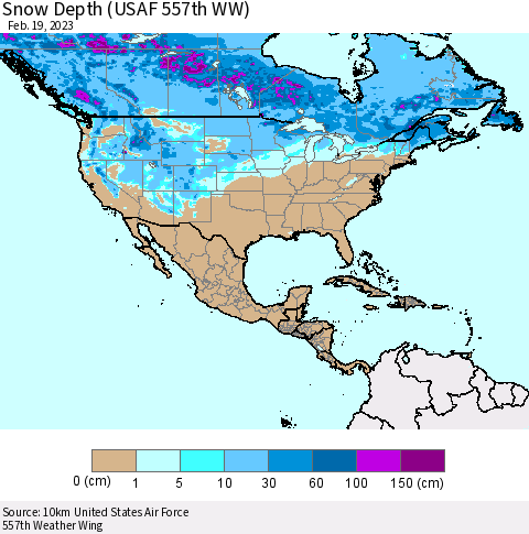 North America Snow Depth (USAF 557th WW) Thematic Map For 2/13/2023 - 2/19/2023